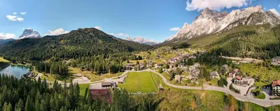 an aerial view of a village in the mountains at Locanda Montana in San Vito di Cadore