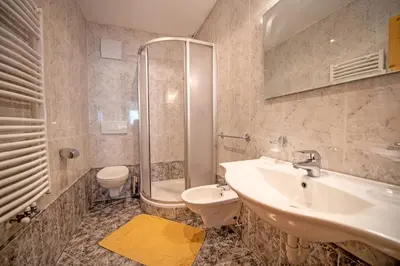 a bathroom with a sink and a shower and a toilet at Apartments Berdan in Santa Cristina in Val Gardena