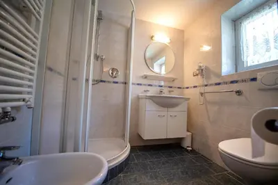 a bathroom with a sink and a shower and a toilet at Apartments Seida in Selva di Val Gardena