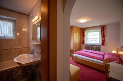 a bathroom with a sink and a bed in a room at Apartments Seida in Selva di Val Gardena