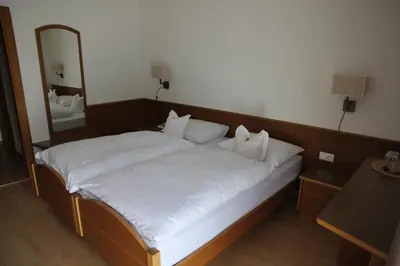 a bedroom with a large bed with a large mirror at Garni Hotel Max in Santa Cristina in Val Gardena