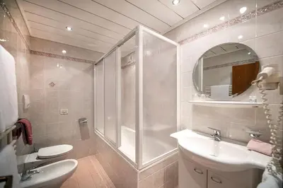 a bathroom with a shower and a sink and a toilet at Garni Hotel Max in Santa Cristina in Val Gardena
