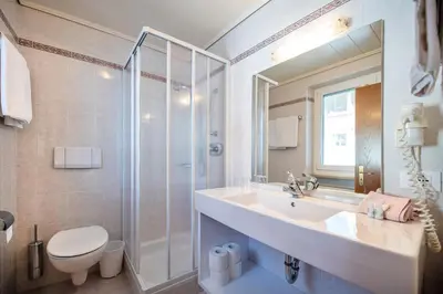 a bathroom with a sink and a shower and a toilet at Garni Hotel Max in Santa Cristina in Val Gardena