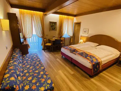 a bedroom with a bed and a desk in a room at Active Hotel Ancora in Predazzo