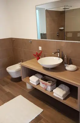 a bathroom with a sink and a toilet and a mirror at Appartements Dornach in Schenna