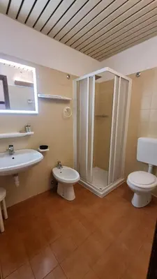 a bathroom with a shower and a toilet and a sink at La Casa Degli Artisti - presso Sussy Residence in Falcade