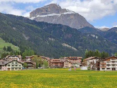 a town in a field with a mountain in the background at Appartamento Campitello House in Campitello di Fassa