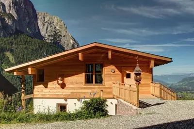 a log cabin with a mountain in the background at Ratzeshof in Castelrotto
