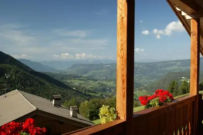 a view of a valley from a balcony with red flowers at Ratzeshof in Castelrotto