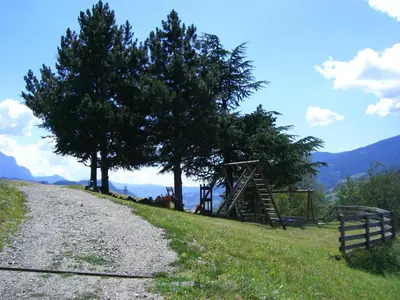 a gravel road with two trees and a wooden structure at Gasthaus St. Valentin in Chiusa