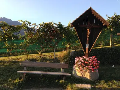 a wooden bench sitting next to a bunch of flowers at Plunerhof in Schenna