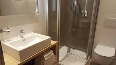 a bathroom with a sink and a shower at Residence Klementhof 2 in Fiumes