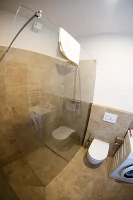 a bathroom with a shower and a toilet at Flow Apartments Karl Wolf Park in Merano