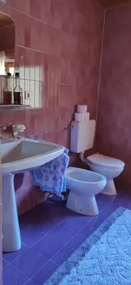a red bathroom with a toilet and a sink at Villa for a get away in Soprabolzano