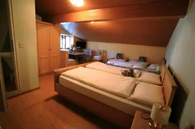 a bedroom with a large bed with white sheets at Albergo Pineta in Castello di Fiemme