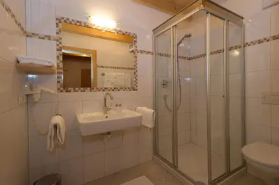 a bathroom with a shower and a sink and a toilet at Appartments Jagerhof in Braies