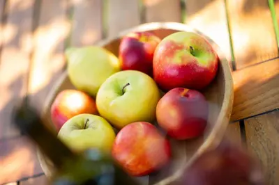 a basket of apples on a table with a pair of scissors at Marolhof in Cornaiano