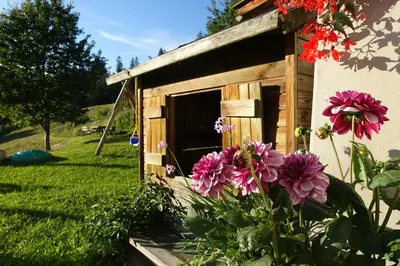 a wooden dog house with flowers in the yard at Ferienwohnung Boarbichlhof in Schenna