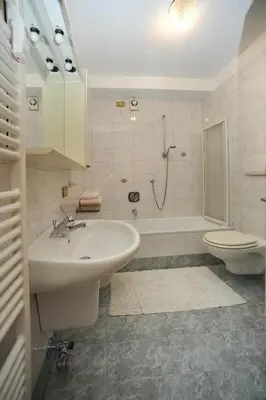 a bathroom with a sink and a toilet and a shower at Appartamento Dolomiti in Predazzo