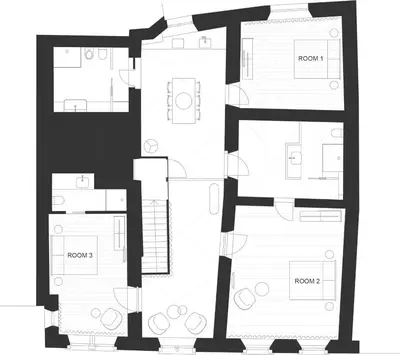 a black and white floor plan of aominium at Marktplatz 10 in Caldaro