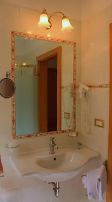 a bathroom with a sink and a mirror at Hotel Rotwand in Laives