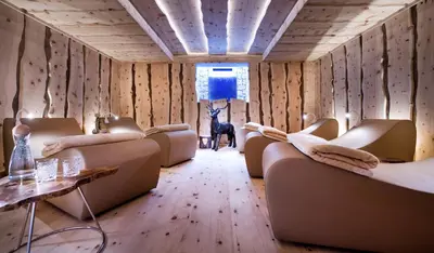 a room with couches and a deer in the background at Hotel Rosa Eco Alpine Spa in Alpe di Siusi