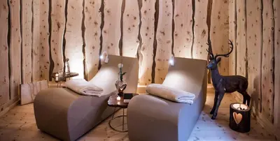 a room with two couches and a deer on the wall at Hotel Rosa Eco Alpine Spa in Alpe di Siusi