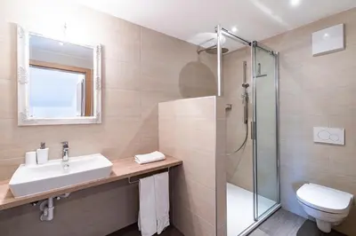 a bathroom with a sink and a glass shower at Residence Alpina in Tesimo