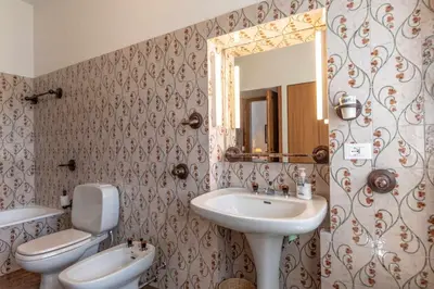 a bathroom with a sink and a toilet and a mirror at Dolomites White Rest - Mountain View in Tres