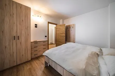 a bedroom with a large bed and wooden cabinets at Cauriol Suites 1.1 in Cavalese