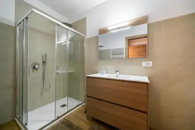 a bathroom with a shower and a sink at Cauriol Suites 1.1 in Cavalese