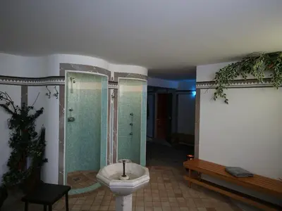 a bathroom with a shower with a sink and a toilet at Park Hotel Mater Dei in Pozza di Fassa
