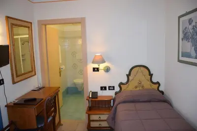 a bedroom with a bed and a desk and a bathroom at Park Hotel Mater Dei in Pozza di Fassa
