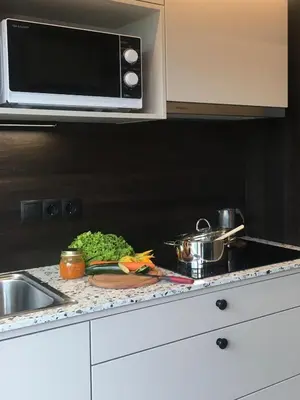 a kitchen counter with a plate of vegetables and a microwave at Apartment Villa Huber in Bolzano