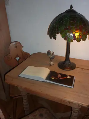 a table with a book and a lamp on it at Hotel Zima in Merano