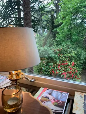 a lamp sitting on a table in front of a window at Hotel Zima in Merano
