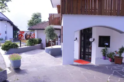 an entrance to a building with potted plants at Zur Mühle in Ora/Auer
