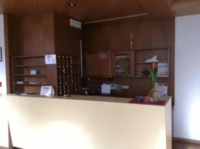 a kitchen with wooden cabinets and a counter with a vase of flowers at Hotel Daniela in Merano
