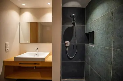 a bathroom with a sink and a shower at Greva Apartments 1 in Santa Cristina in Val Gardena