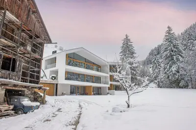 a house in the snow with a tree at Greva Apartments 1 in Santa Cristina in Val Gardena