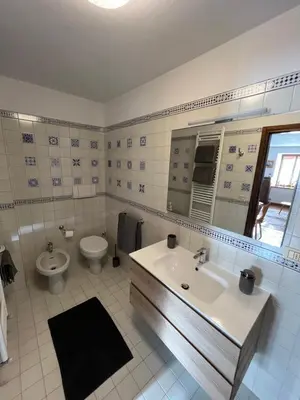a white bathroom with a sink and a toilet at Dolomitihouse ZIRMOL in Fiera di Primiero