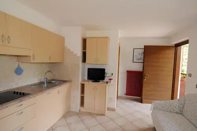 a kitchen with a sink and a tv on a counter at Casa El Tobià in Pozza di Fassa