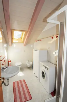 a bathroom with a sink and a washing machine at Casa El Tobià in Pozza di Fassa
