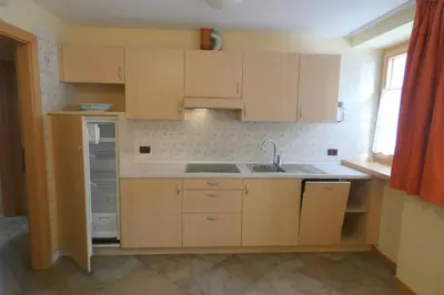 a kitchen with wooden cabinets and a sink at La Meisules in Pozza di Fassa