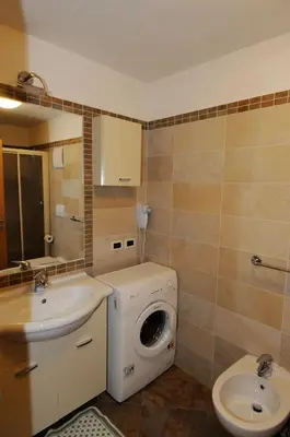 a bathroom with a washing machine next to a sink at La Meisules in Pozza di Fassa