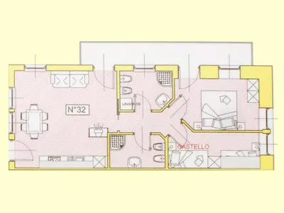 a drawing of a pink floor plan at La Meisules in Pozza di Fassa