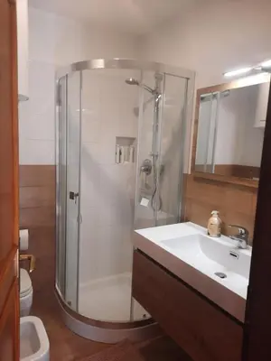 a bathroom with a shower and a sink at Finestra sul Cermis in Carano