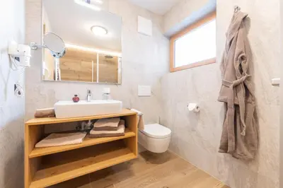 a bathroom with a sink and a toilet at Ciasa Nene Franzl in Badia