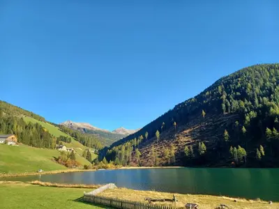 a lake in the middle of a grassy field next to a mountain at Schneiderhof in Valdurna