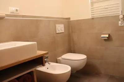 a bathroom with a white toilet and a sink at Schneiderhof in Valdurna